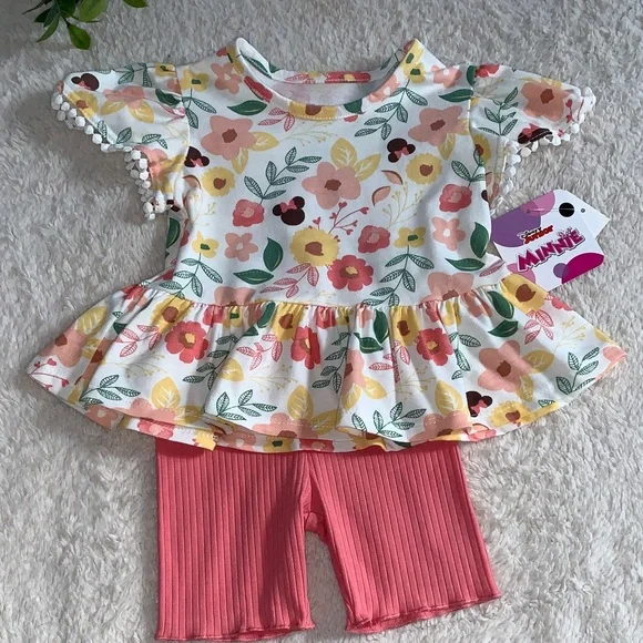 NWT Disney Minnie Mouse Floral 2pc Set Yellow & Pink 18M - Picture 3 of 11